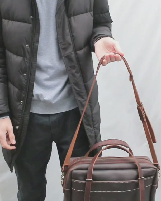 Video showing the Business handmade leather crossbody messenger bag for men from all angles, including front, back, sides, and details.